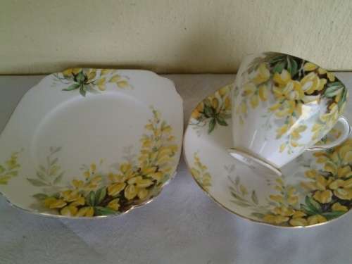 pretty vintage yellow scene royal staddorshire porcelain tea cup trio