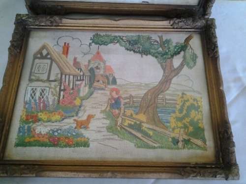 two lovely framed country side scenes small tapestry's behind ornate frames