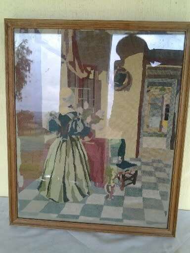 stunning framed behind glass vintage lady scene tapestry