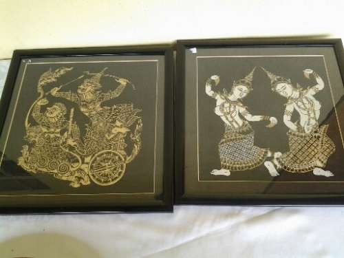 two stunning material made oriental taperstrys scenes framed behind glass