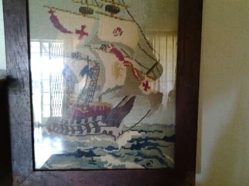 stunning vintage framed ship scene tapestry framed behind glass