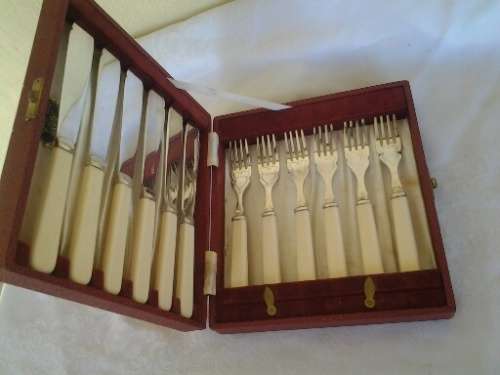 cased vintage set of six bone handle fish knifes and forks