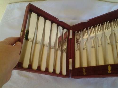 cased vintage set of six bone handle fish knifes and forks