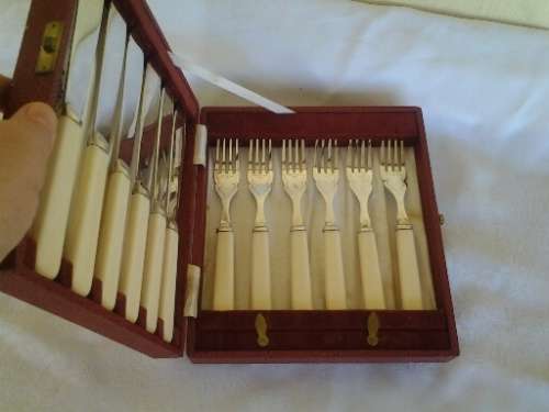 cased vintage set of six bone handle fish knifes and forks