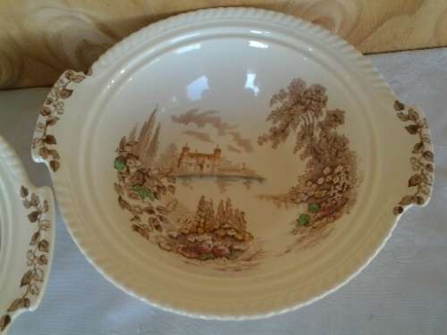 A pair of porcelain veggie dishes with no lids by Johnson brothers castle on the lake scene