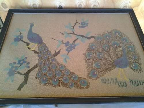 Large and stunning framed behind glass Embroidered peacock scene tapestry