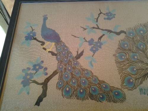 Large and stunning framed behind glass Embroidered peacock scene tapestry