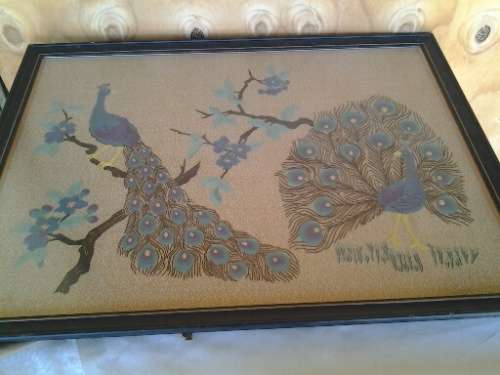 Large and stunning framed behind glass Embroidered peacock scene tapestry