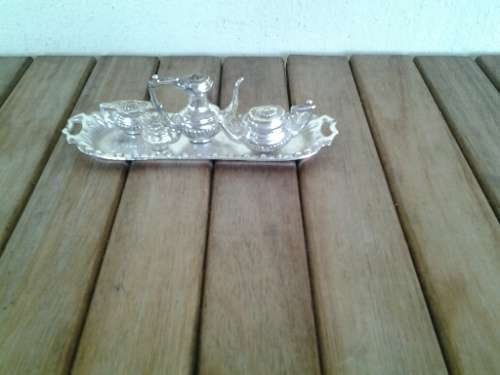 sliver plated chrome vintage miniature display tea set on tray