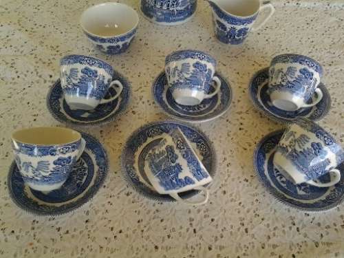 A stunning vintage blue and white Myott willow pattern tea set with six tea cup duos