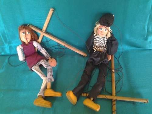 A lot of two nice wooden hand puppets