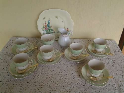 stunning vintage pastel green mix and match porcelain tea set with six plated gold tea spoons