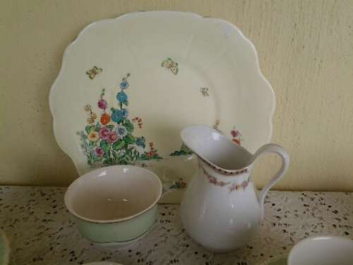 stunning vintage pastel green mix and match porcelain tea set with six plated gold tea spoons