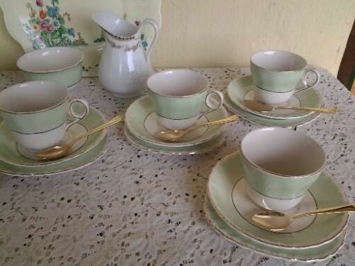 stunning vintage pastel green mix and match porcelain tea set with six plated gold tea spoons
