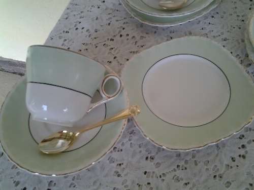 stunning vintage pastel green mix and match porcelain tea set with six plated gold tea spoons