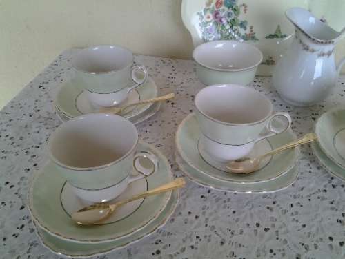 stunning vintage pastel green mix and match porcelain tea set with six plated gold tea spoons