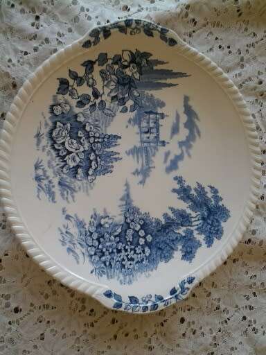 vintage blue and white Johnson brothers castle on the lake scene cake plate