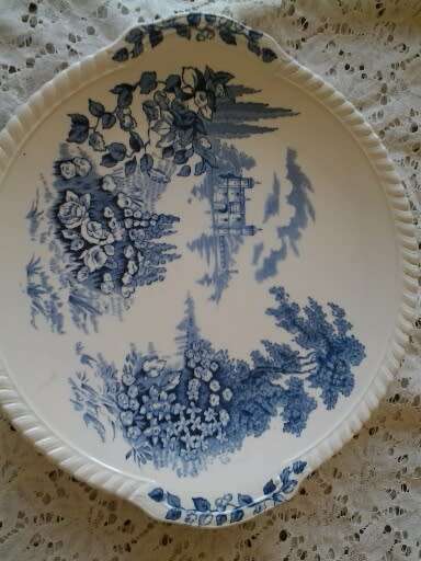 vintage blue and white Johnson brothers castle on the lake scene cake plate