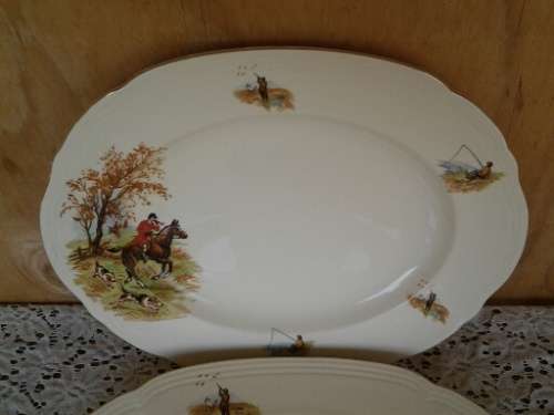 Stunning set of two  vintage porcelain Hunting scene serving platters