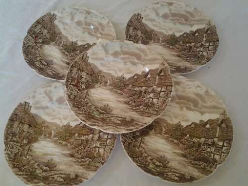 five vintage Johnson brothers Olde English scene porcelain side plates