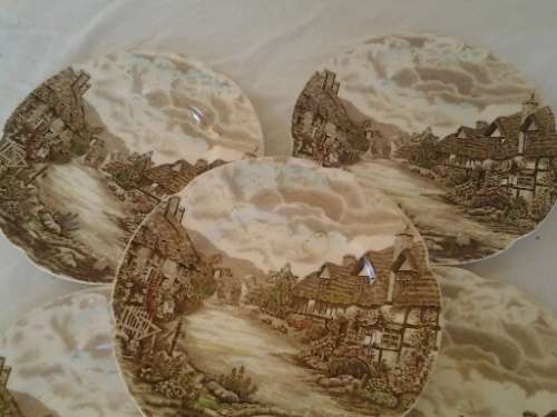 five vintage Johnson brothers Olde English scene porcelain side plates