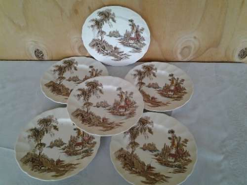 five vintage old mill scene Johnson brothers porcelain side plates