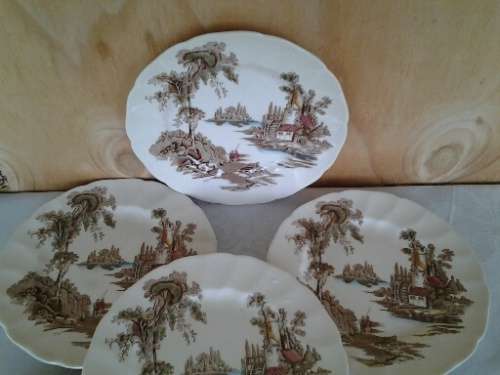 five vintage old mill scene Johnson brothers porcelain side plates