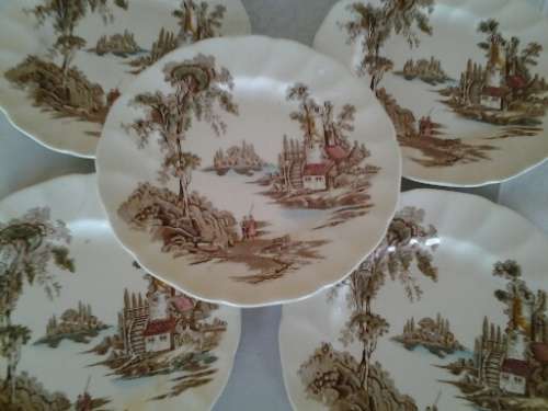 five vintage old mill scene Johnson brothers porcelain side plates