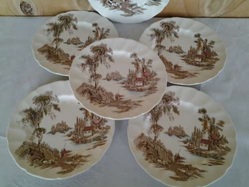 five vintage old mill scene Johnson brothers porcelain side plates