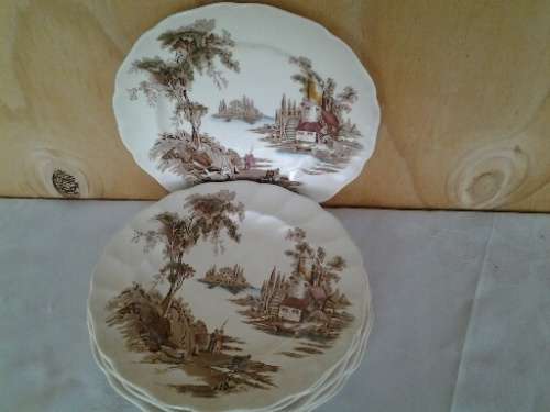 A set of six vintage old mill scene Johnson brothers porcelain dinner plates