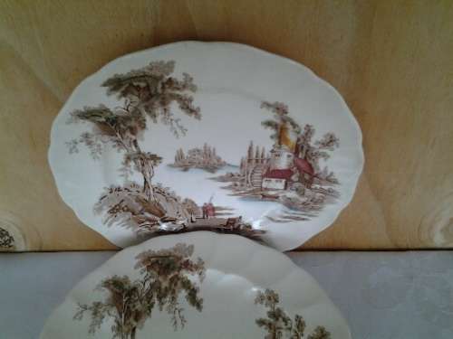 A set of six vintage old mill scene Johnson brothers porcelain dinner plates