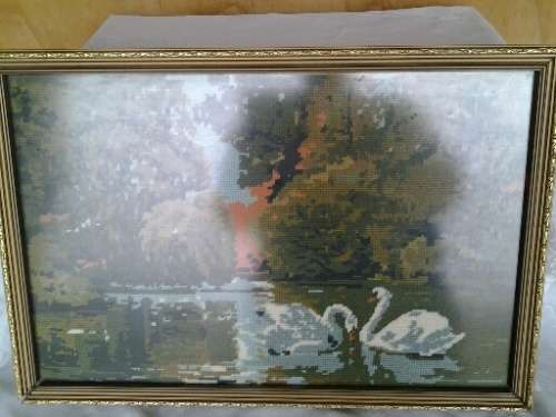 framed behind glass stunning swan scene tapestry