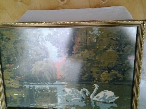 framed behind glass stunning swan scene tapestry