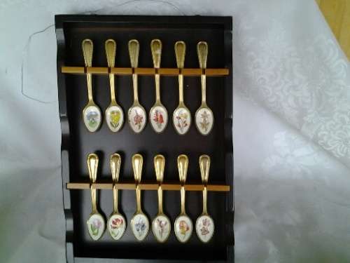 wooden spoon tray with set of 12 gold plated enameled tea spoons