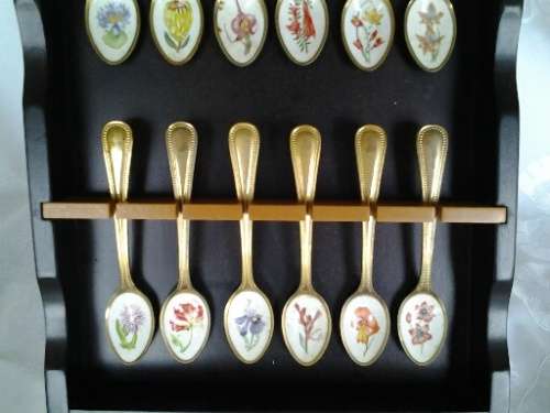 wooden spoon tray with set of 12 gold plated enameled tea spoons