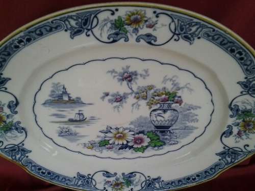 Large porcelain vintage blue W.H Grindely Chelsea Ivory  oval serving platter