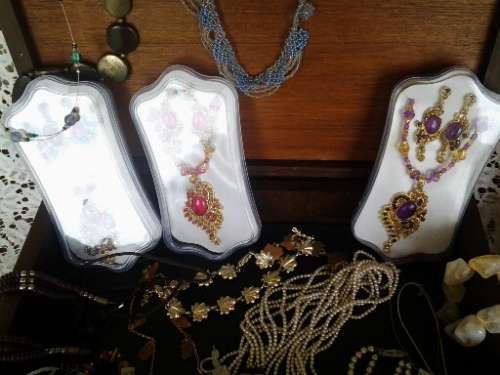 two wooden vintage storage trinket boxes filled with ladies costume jewelry