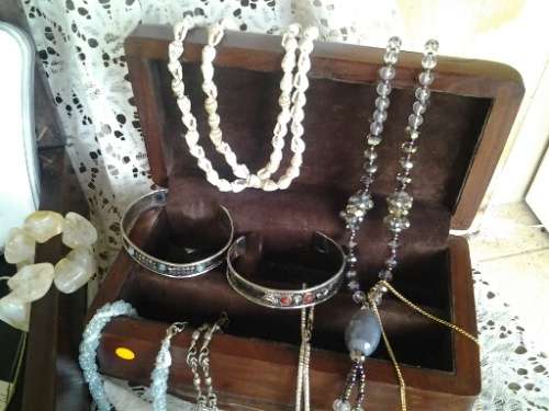 two wooden vintage storage trinket boxes filled with ladies costume jewelry