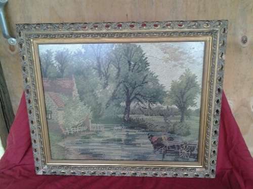 lot two beautifully framed behind glass a vintage country scene of a tapestry
