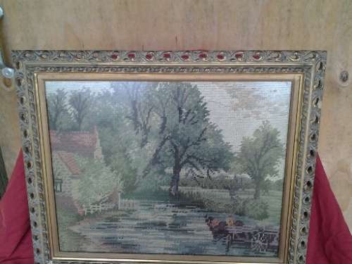 lot two beautifully framed behind glass a vintage country scene of a tapestry