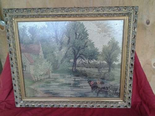 lot two beautifully framed behind glass a vintage country scene of a tapestry