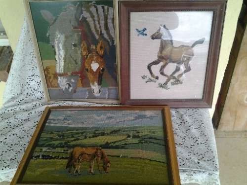 three nice assorted framed horse scene tapestry's