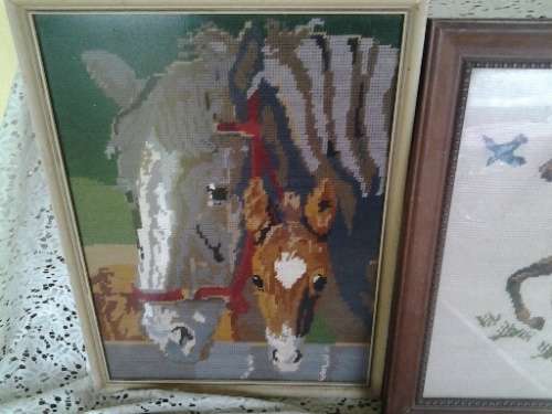three nice assorted framed horse scene tapestry's