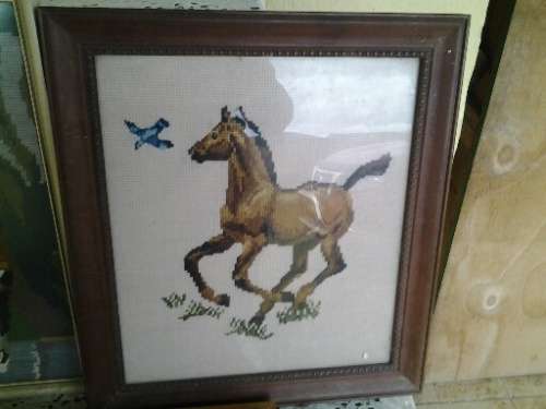 three nice assorted framed horse scene tapestry's