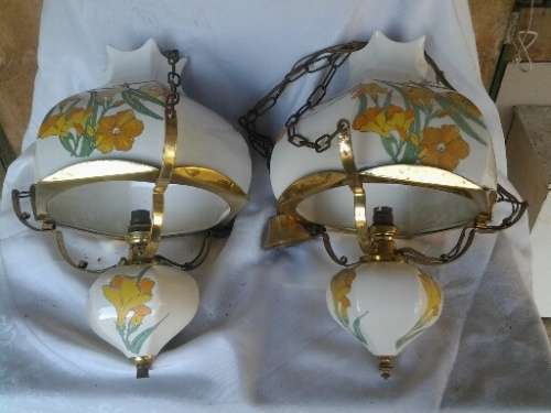 A pair of nice porcelain yellow floral style vintage retro looking ceiling lamps