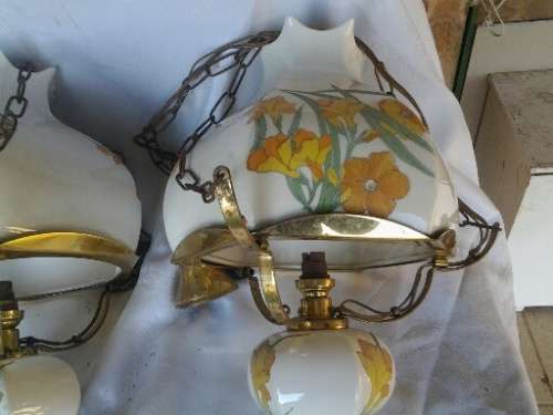 A pair of nice porcelain yellow floral style vintage retro looking ceiling lamps