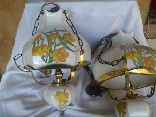 A pair of nice porcelain yellow floral style vintage retro looking ceiling lamps