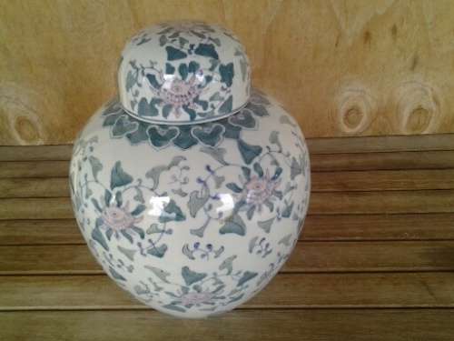 Large blue and white with pink floral pattern porcelain ginger jar