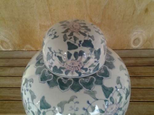 Large blue and white with pink floral pattern porcelain ginger jar