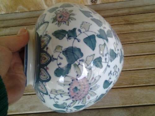 very nice porcelain decorative blue and white with a pink floral pattern bubble style vase